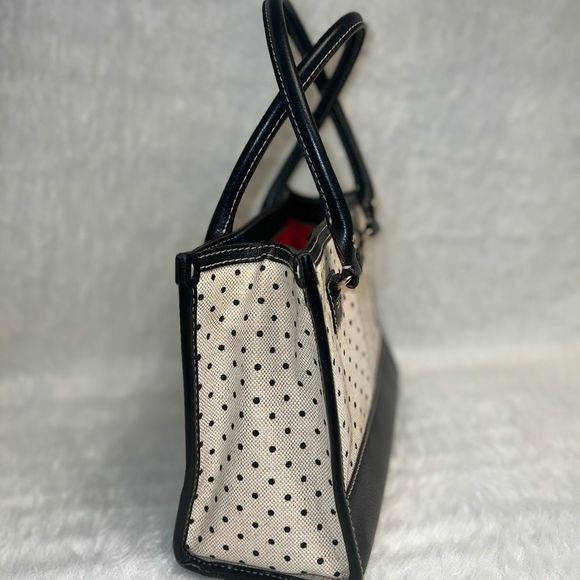 Kate spade Polka Dot Wellesley Quinn Black Khaki Canvas Leather Tote - Picture 10 of 16